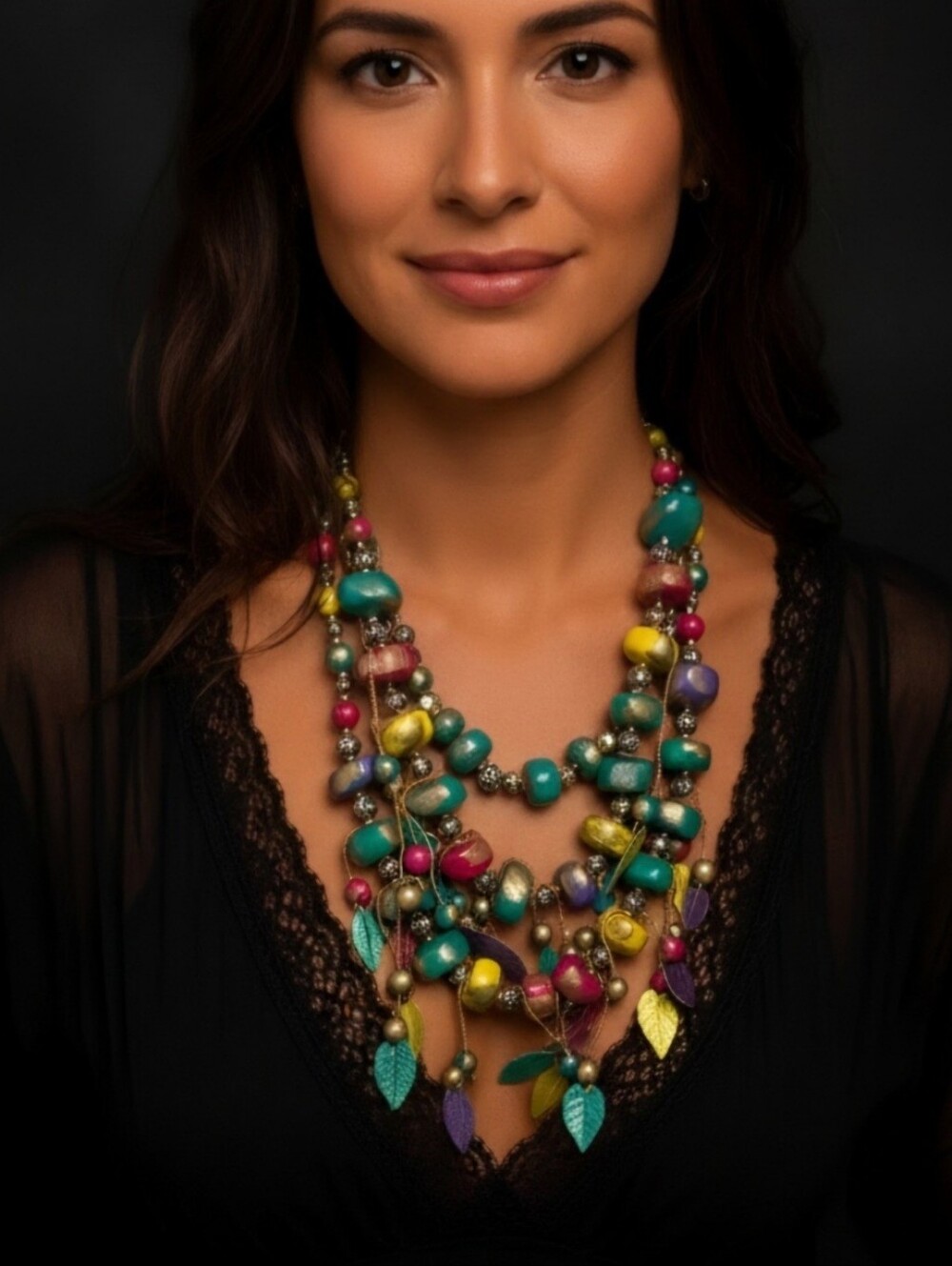 Vintage Multicolor Beaded Leaf Statement Necklace